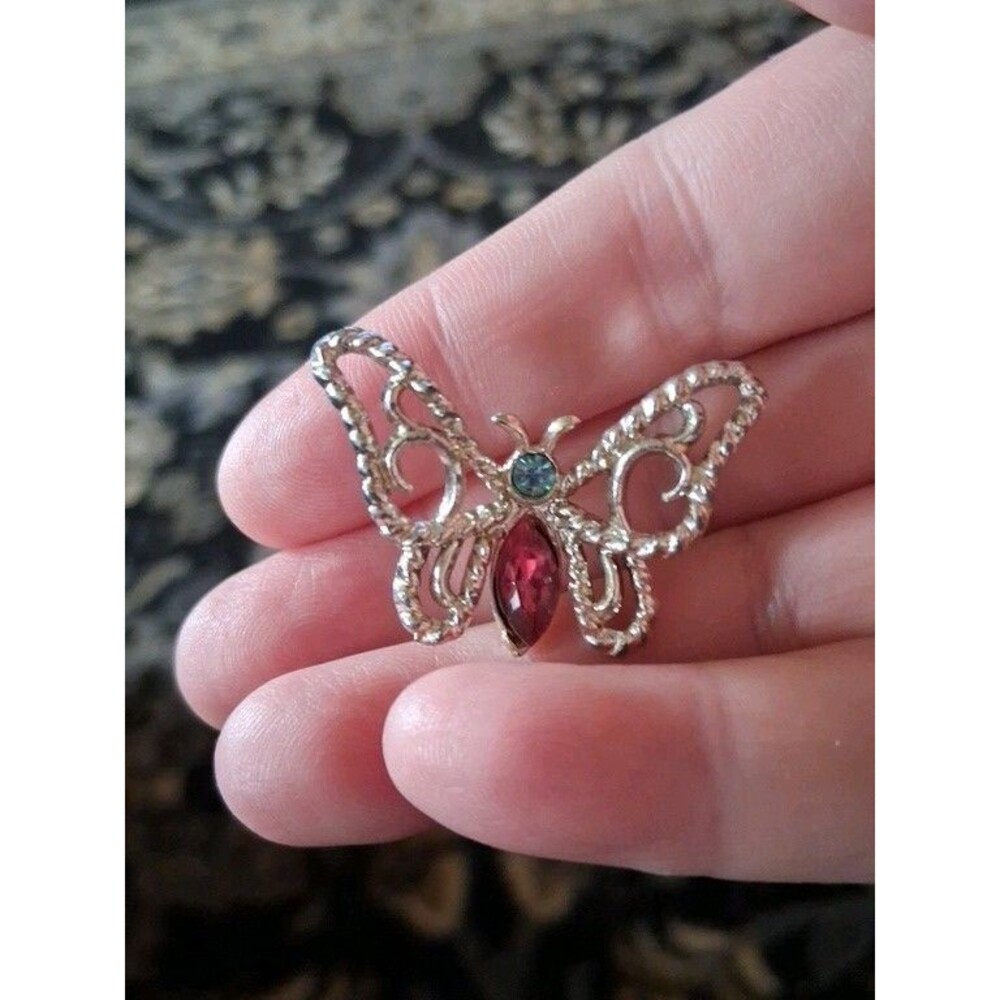 Vintage Butterfly Brooch/pin. Pink And Blue Rhinestones. Mid Century.